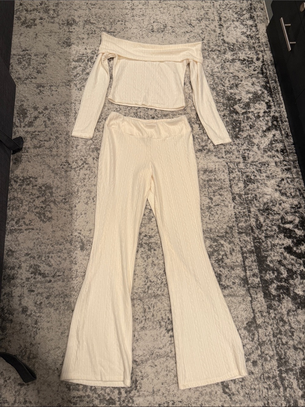 Pink Rose Cream Ribbed Off-Shoulder Top & Flared Pants Set